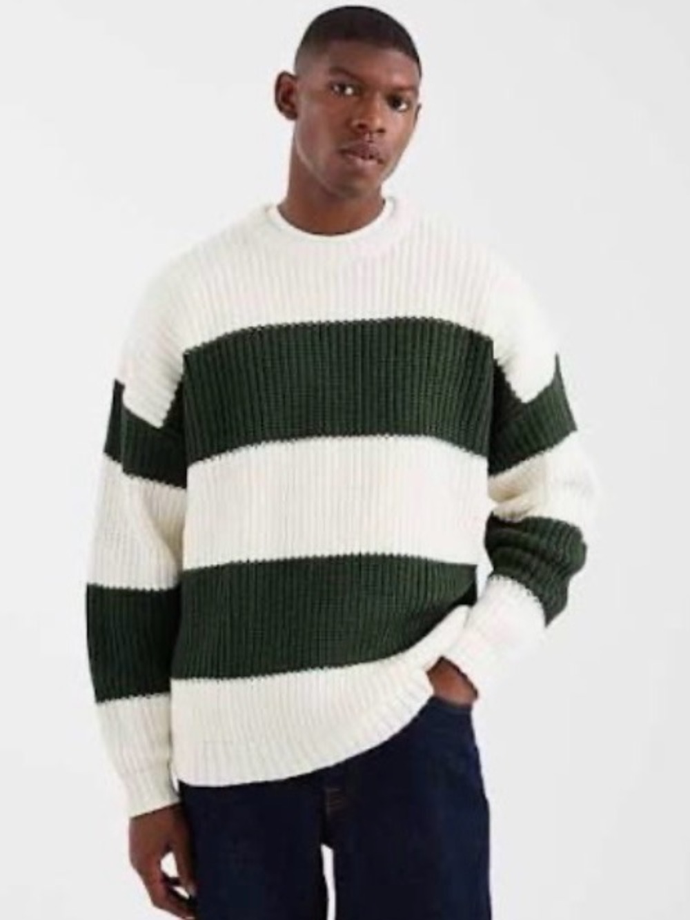 Roots Striped Crewneck Sweater in Dark Green and Cream